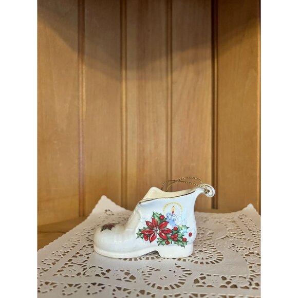 Vintage Porcelain Christmas Boot Ornament Poinsettia Holly Shoe - Picture 3 of 5